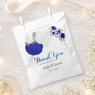 royal blue &white flowers silver favour bags