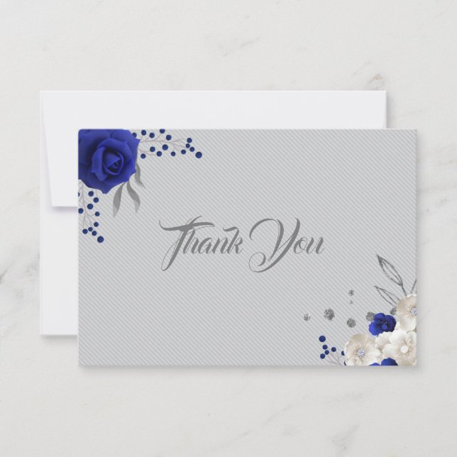 royal blue white flowers silver grey thank you card (Front)