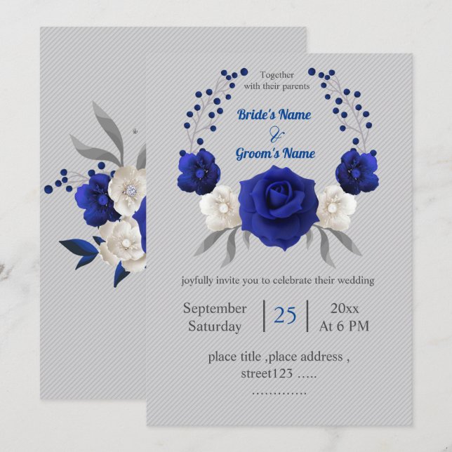 royal blue white flowers silver grey wedding invitation (Front/Back)