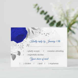 royal blue &white flowers silver meal choice RSVP card
