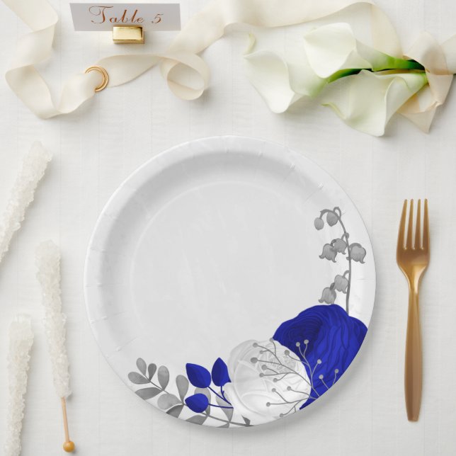  royal blue & white flowers silver paper plate (Wedding)