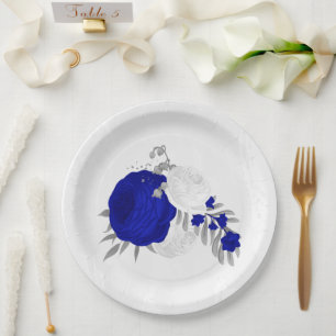 royal blue & white flowers silver  paper plate