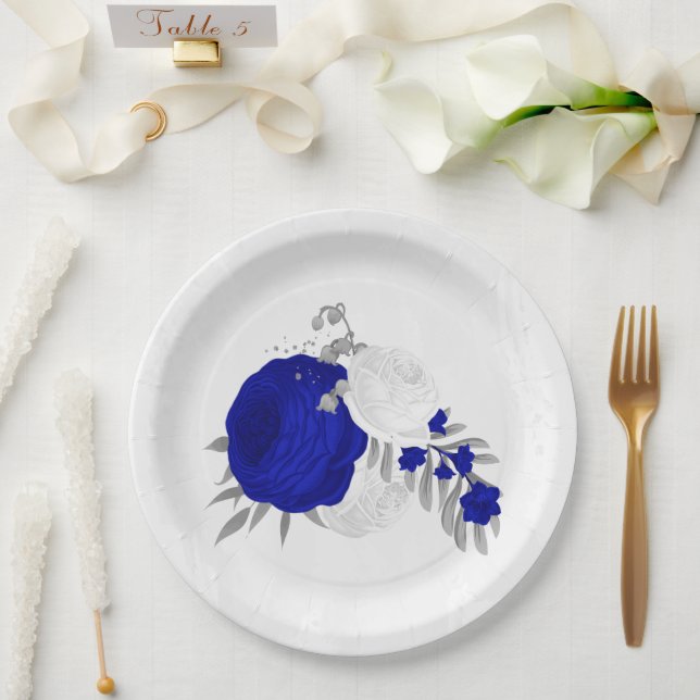 royal blue & white flowers silver  paper plate (Wedding)