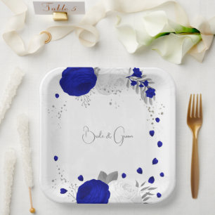  royal blue & white flowers silver  paper plate