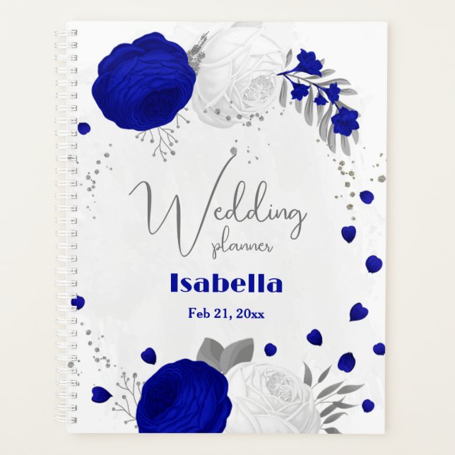 royal blue &white flowers silver planner (Front)