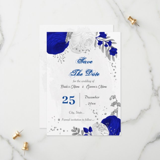 royal blue &white flowers silver save the date (Front/Back In Situ)