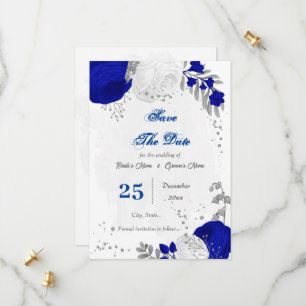 royal blue &white flowers silver save the date