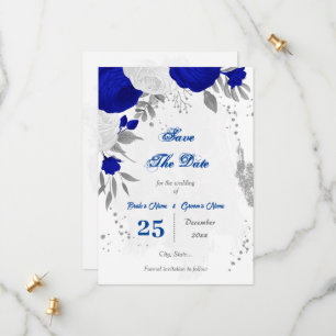 royal blue &white flowers silver  save the date