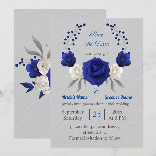 royal blue white flowers silver save the date invitation (Front/Back)