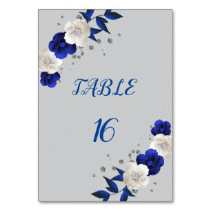 royal blue white flowers silver table number card
