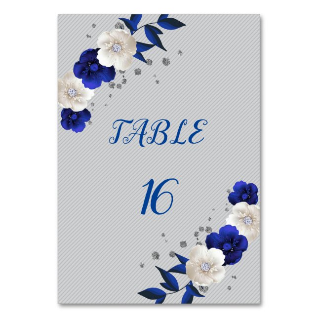 royal blue white flowers silver table number card (Front)