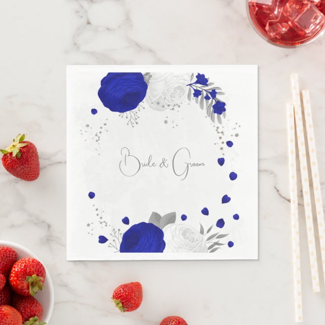  royal blue & white flowers silver wedding napkin (Insitu)