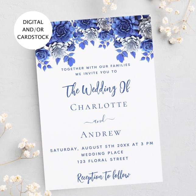 Royal blue white flowers wedding invitation (Creator Uploaded)