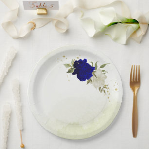 royal blue white flowers wedding paper plate
