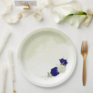 royal blue white flowers wedding paper plate