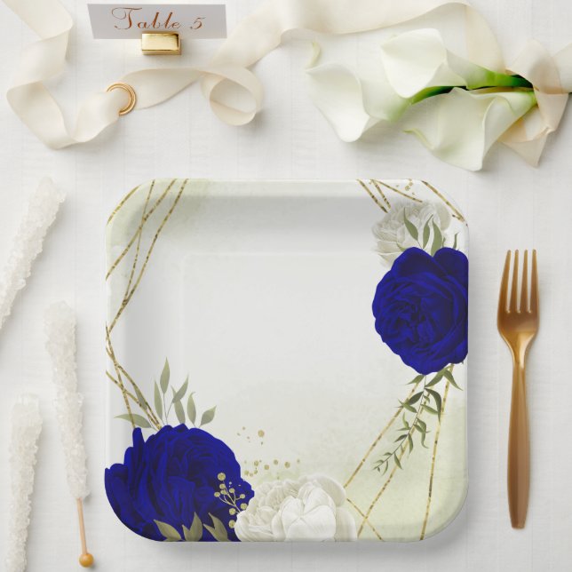 royal blue white flowers wedding paper plate (Wedding)