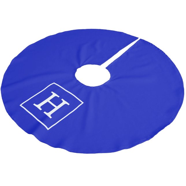 Royal Blue White Framed Initial Monogram Brushed Polyester Tree Skirt (Angled)
