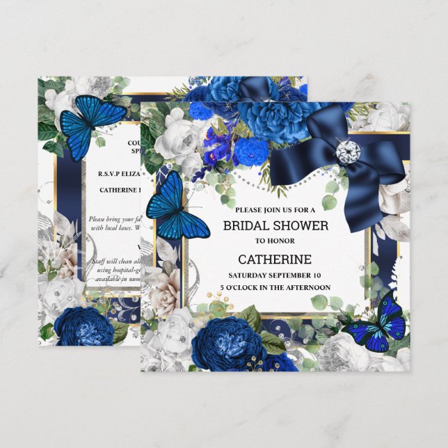 Royal blue white glitter bow diamond butterfly  invitation (Front/Back)
