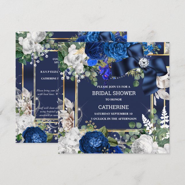 Royal blue white glitter bow diamond elegant chic  invitation (Front/Back)