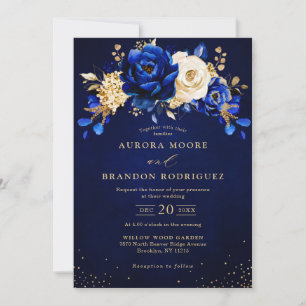 Royal Blue White Gold Metallic Floral Wedding Invi Invitation