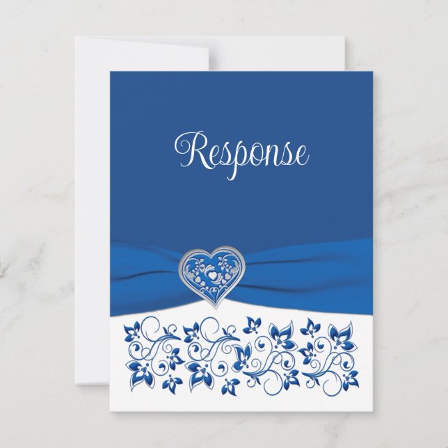 Royal Blue, White Heart of Love Wedding RSVP Card (Front)