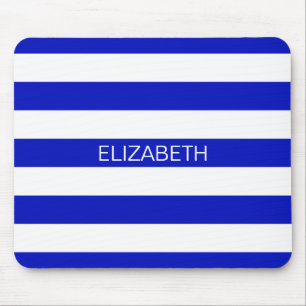 Royal Blue White Horiz Preppy Stripe Name Monogram Mouse Mat