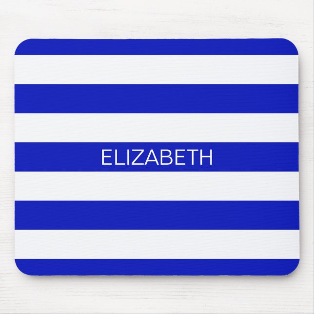 Royal Blue White Horiz Preppy Stripe Name Monogram Mouse Mat (Front)