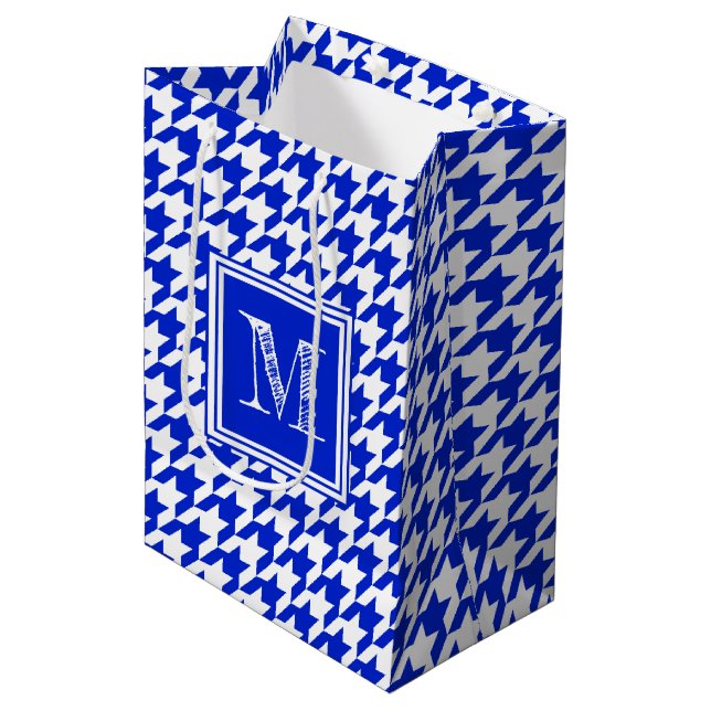Royal Blue White Houndstooth | Modern Monogram Medium Gift Bag (Front Angled)