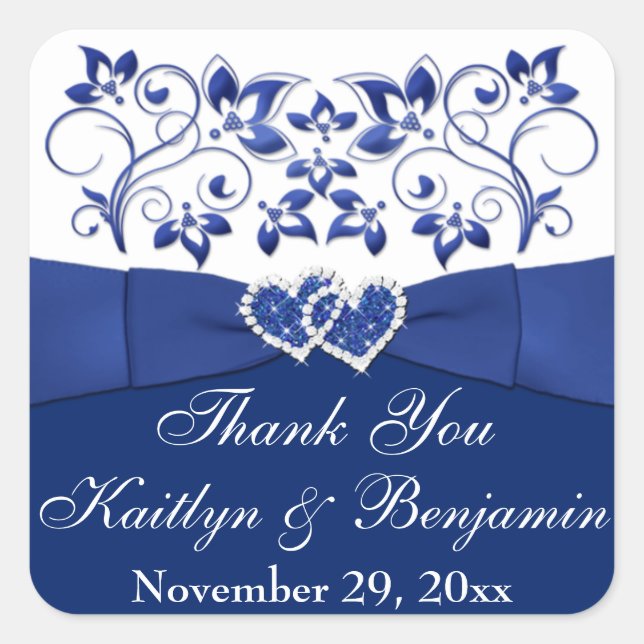 Royal Blue, White Joined Hearts Favour Sticker (Front)