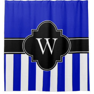 Royal Blue White LG Stripe 1ICBR Black Monogram Shower Curtain