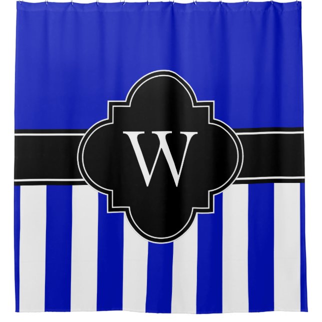 Royal Blue White LG Stripe 1ICBR Black Monogram Shower Curtain (Front)
