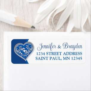 Royal Blue, White Love Heart Wedding Address Label