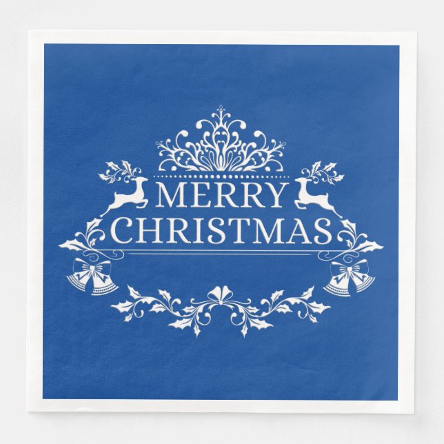 Royal Blue & White Merry Christmas Paper Napkins (Front)