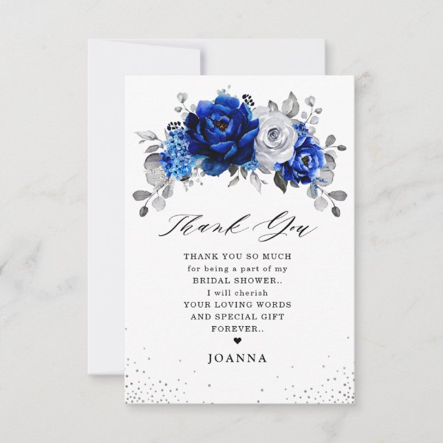 Royal Blue White Metallic Silver Bridal Shower Thank You Card (Front)