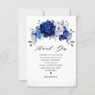 Royal Blue White Metallic Silver Bridal Shower Thank You Card