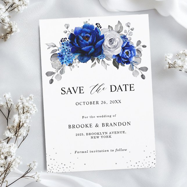 Royal Blue White Metallic Silver Floral  Save The Date (Royal Blue White Metallic Silver Floral Save The Date card)