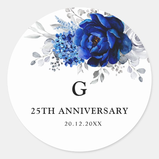 Royal Blue White Metallic Silver Floral Wedding Cl Classic Round Sticker (Front)