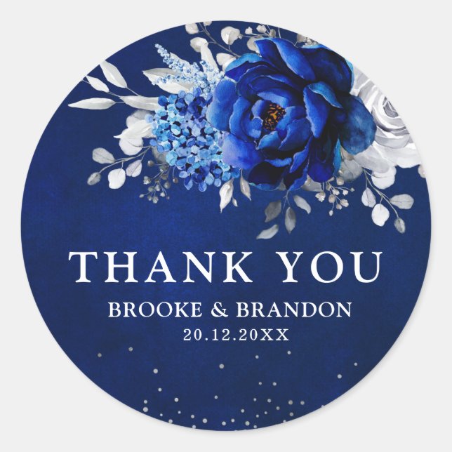 Royal Blue White Metallic Silver Floral Wedding Cl Classic Round Sticker (Front)
