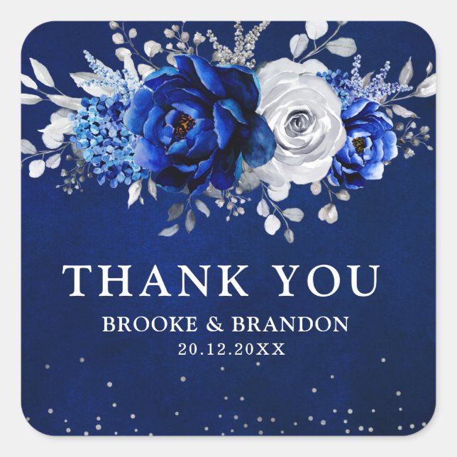 Royal Blue White Metallic Silver Floral Wedding Cl Square Sticker (Front)
