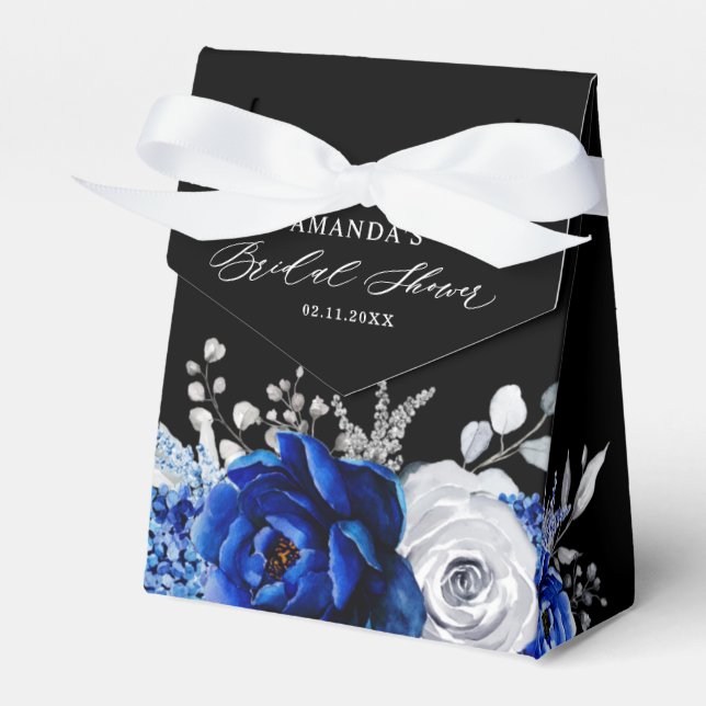 Royal Blue White Metallic Silver Floral Wedding Fa Favour Box (Front Side)