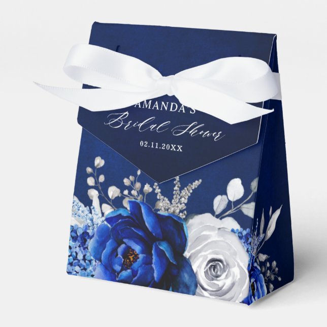 Royal Blue White Metallic Silver Floral Wedding Fa Favour Box (Front Side)