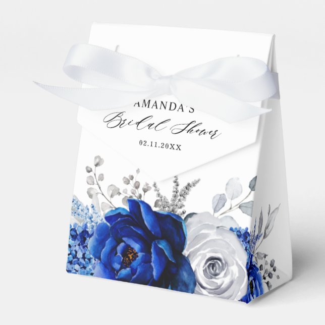 Royal Blue White Metallic Silver Floral Wedding Favour Box (Front Side)