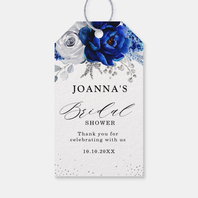 Royal Blue White Metallic Silver Floral Wedding Gift Tags (Back)