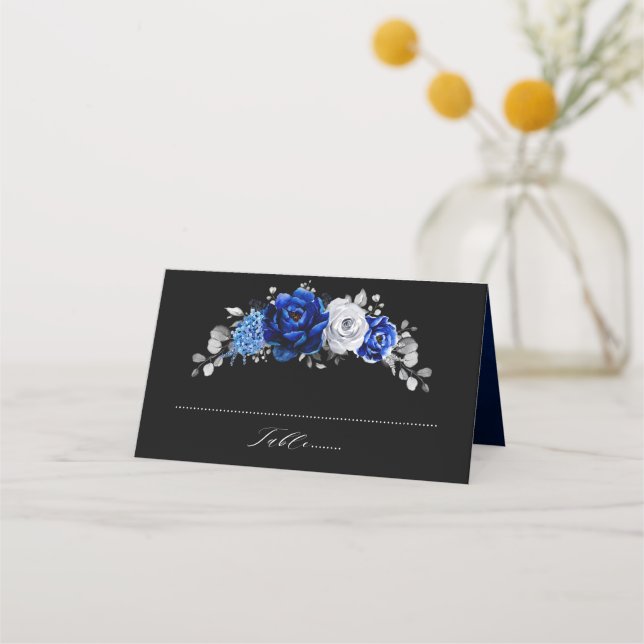 Royal Blue White Metallic Silver Floral Wedding Pl Place Card (Front)