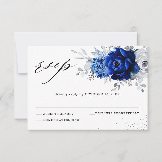 Royal Blue White Metallic Silver Floral Wedding RSVP Card (Front)