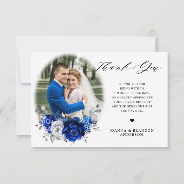 Royal Blue White Metallic Silver Floral Wedding Thank You Card (Front)