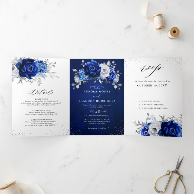 Royal Blue White Metallic Silver Floral Wedding Tri-Fold Announcement (Inside)