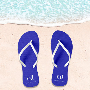 Royal blue white monogram initials name flip flops