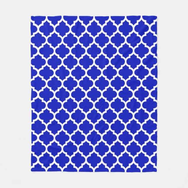 Royal Blue White Moroccan Quatrefoil Pattern #5 Fleece Blanket (Front)