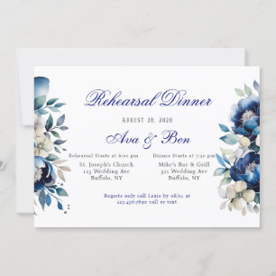 Royal Blue White Peony Silver Rehearsal Dinner Invitation